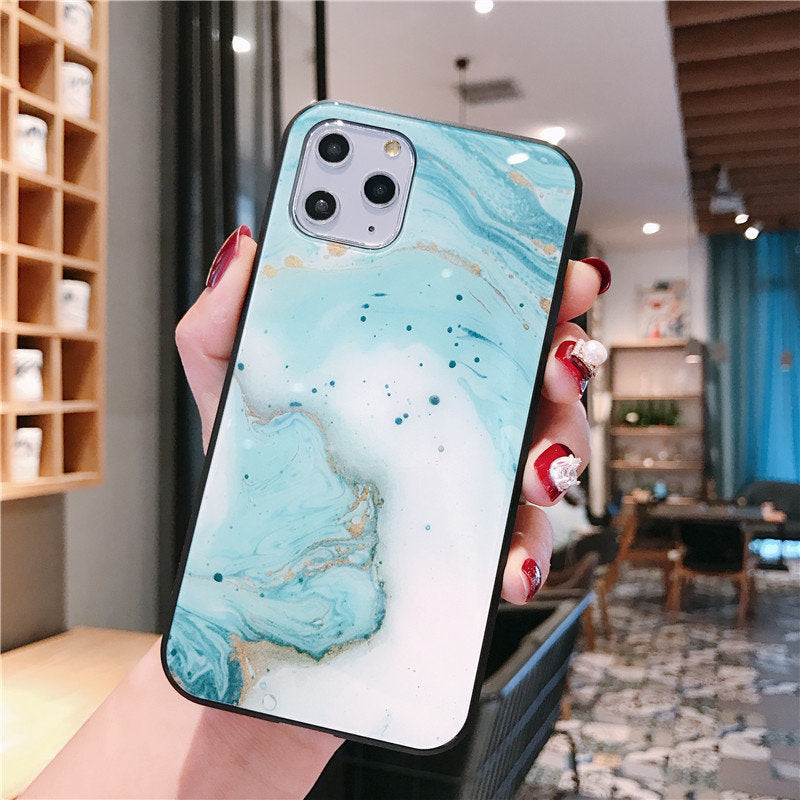 Compatible with Apple, LuxuryFull Protective Mobile Phone Case IphoneTempered Glass TPU Hard Marble Back Cover For Iphone 11 12 Pro Max X XR XS Max 8 7 6 6s plus