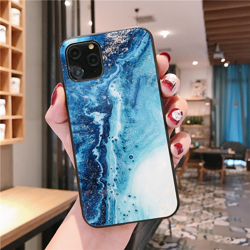 Compatible with Apple, LuxuryFull Protective Mobile Phone Case IphoneTempered Glass TPU Hard Marble Back Cover For Iphone 11 12 Pro Max X XR XS Max 8 7 6 6s plus