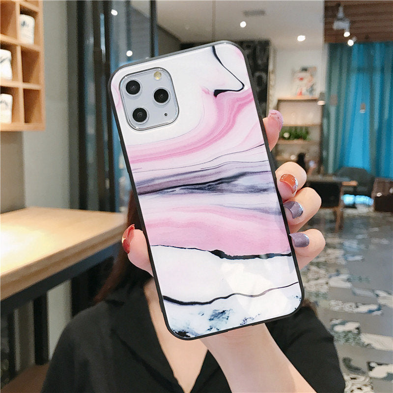 Compatible with Apple, LuxuryFull Protective Mobile Phone Case IphoneTempered Glass TPU Hard Marble Back Cover For Iphone 11 12 Pro Max X XR XS Max 8 7 6 6s plus