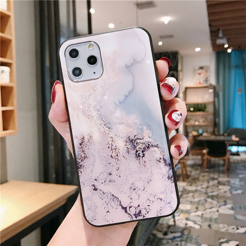 Compatible with Apple, LuxuryFull Protective Mobile Phone Case IphoneTempered Glass TPU Hard Marble Back Cover For Iphone 11 12 Pro Max X XR XS Max 8 7 6 6s plus