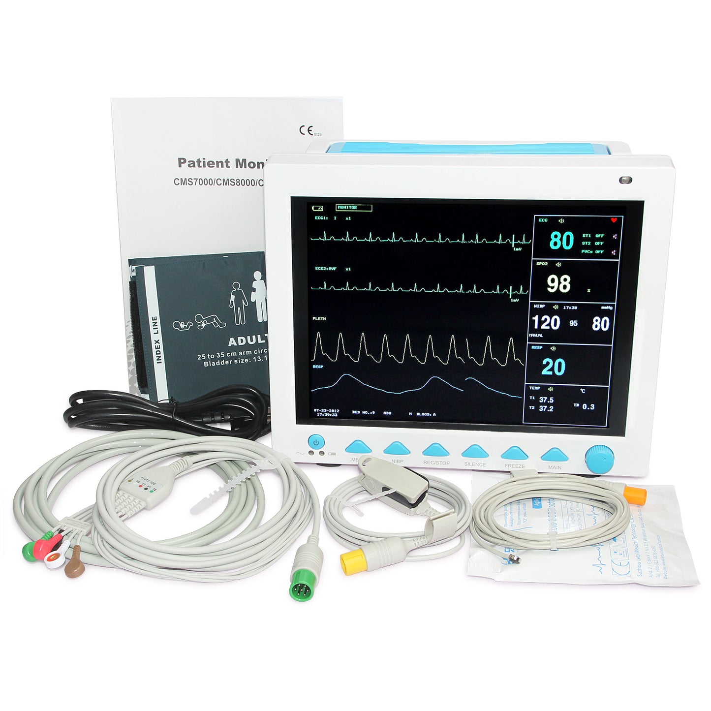 Monitor de paciente de 12,1 pulgadas para UCI, 6 parámetros, ECG, NIBP, SPO2, PR, RESP, TEMP CMS8000