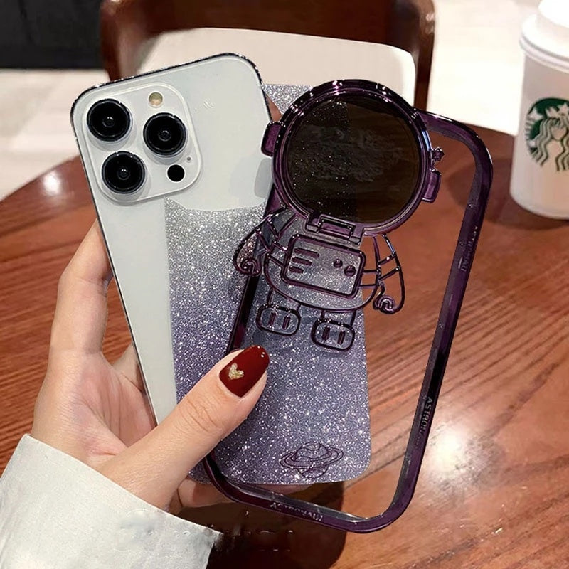 Glitter Astronaut Camera Stand Phone Case For IPhone 14 13 12 11 Pro Max XR 14 Plus Invisible Lens Bracket Plating Soft Cover