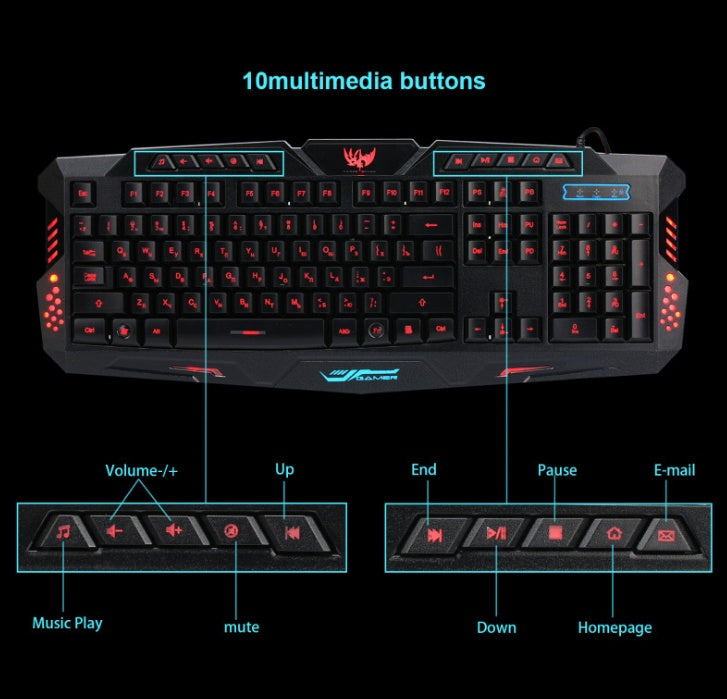 Teclado para juegos con cable y retroiluminación tricolor J10, teclado para juegos con mouse luminoso y colorido, teclado ruso