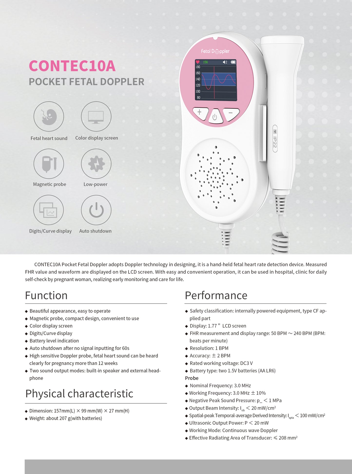 Pocket Fetal Doppler Digits Curve Display Pregnancy Baby Heart Rate Monitor,3Mhz Pink