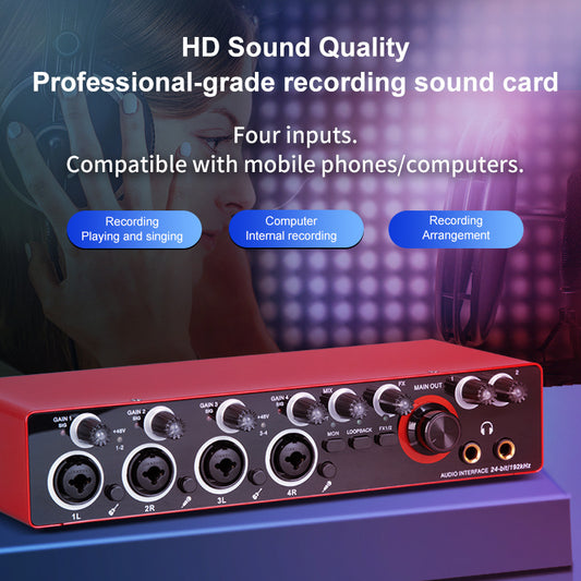 4-way Professional Computer Recording Sound Card Small External Driver-free Live Mixing Tuning Equipment MD44