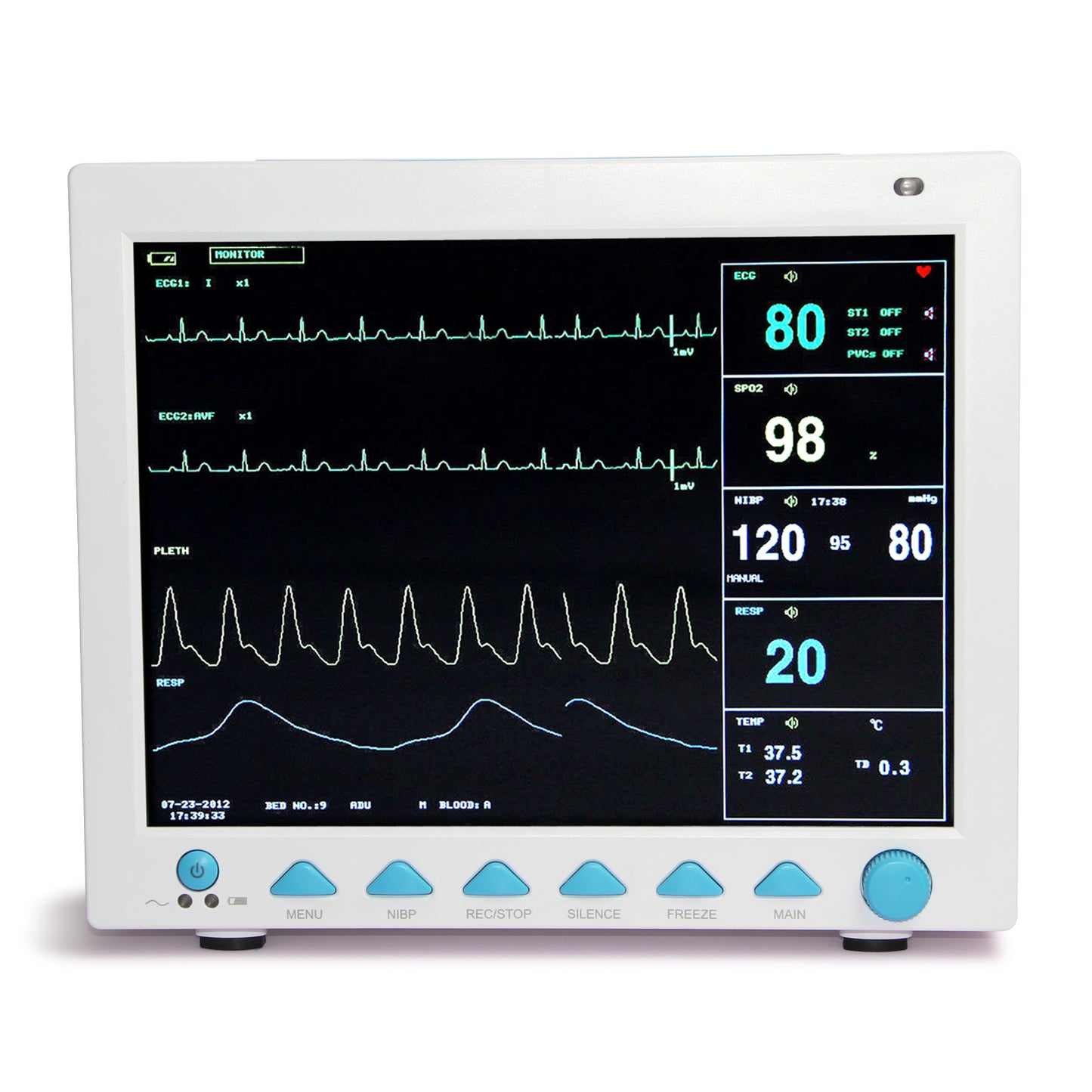 Monitor de paciente de 12,1 pulgadas para UCI, 6 parámetros, ECG, NIBP, SPO2, PR, RESP, TEMP CMS8000